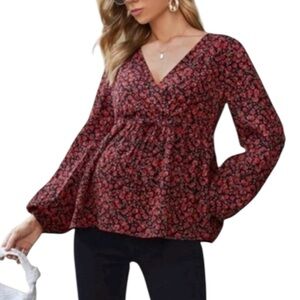 ✨$8 CLEAR-OUT✨ Shein Flowy Floral Rose Long Sleeve V-neck Blouse Shirt Top Red